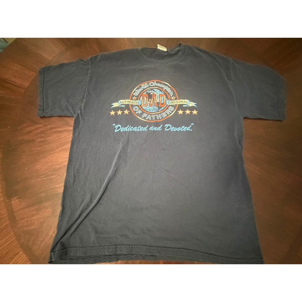 Vintage Gildan World Champion of Fathers Graphic T-Shirt Navy Blue Mens Large